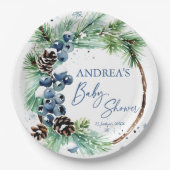 Winter-Babyshower-Tannen-Kranz monogrammiert Pappteller (Vorderseite)