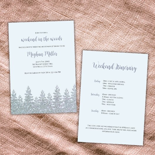 Winter Bachelorette Wochenende im Waldgebiet Einladung