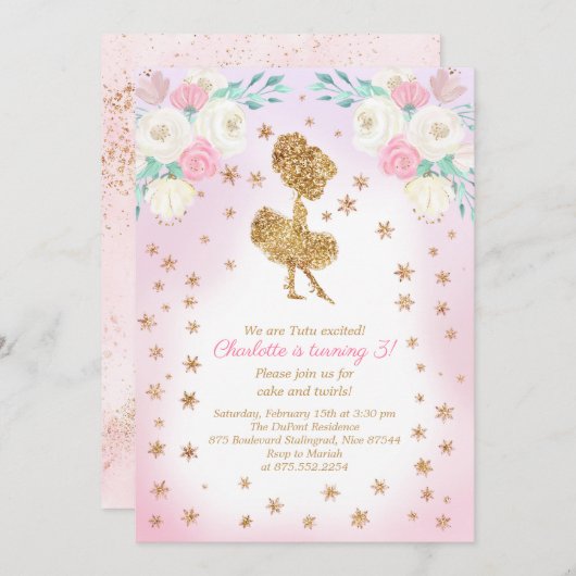 Winter Ballerina Glitzer Geburtstag Einladung (Vorne/Hinten)