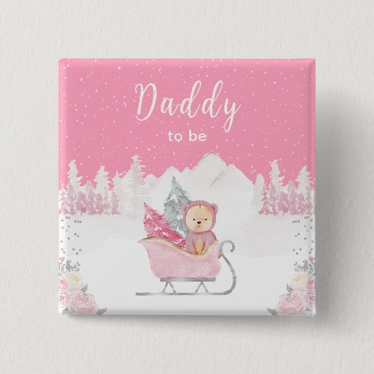 Winter Bär Rosa Schlitten Daddy wird Papa Button (Vorderseite)