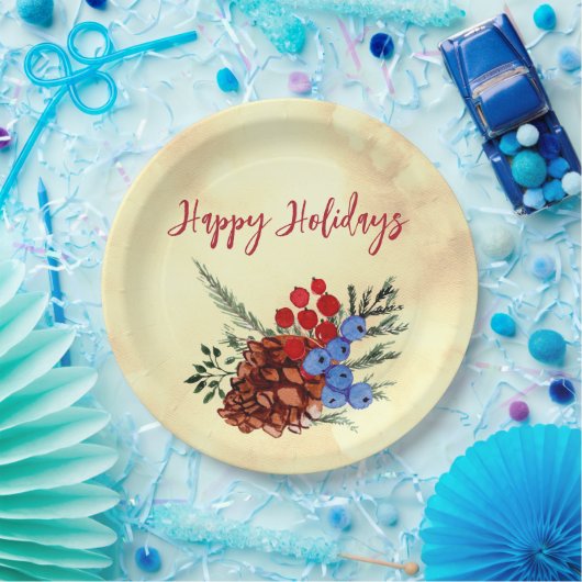 Winter Barries Cone Frohe Weihnachtsbaumen Gelb Pappteller (Party)