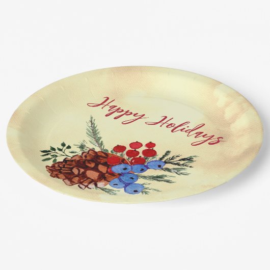 Winter Barries Cone Frohe Weihnachtsbaumen Gelb Pappteller (Schrägansicht)