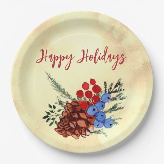 Winter Barries Cone Frohe Weihnachtsbaumen Gelb Pappteller (Vorderseite)