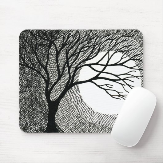 Winter-Baum und Mond in Schwarzweiss Mousepad (Mit Mouse)