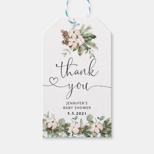 Winter Baumwolle immergrüne Babydusche Danke Geschenkanhänger (Vorderseite)