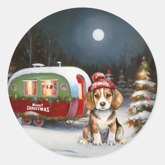 Winter Beagle Karawan Weihnachtsabenteuer Runder Aufkleber (Vorderseite)