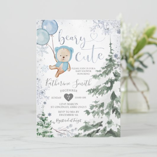 Winter Bear Baby Dusche Forest Snowflakes Ballon Einladung (Stehend Vorderseite)
