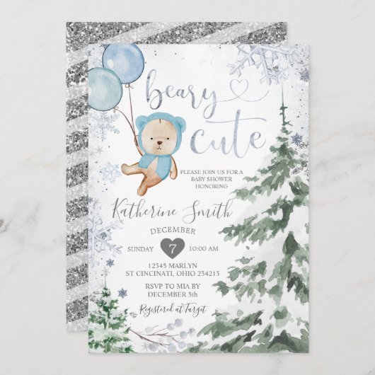 Winter Bear Baby Dusche Forest Snowflakes Ballon Einladung (Vorne/Hinten)