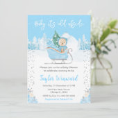 Winter Bear Blue Sleigh Baby Dusche Einladung (Stehend Vorderseite)