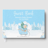 Winter Bear Blue Sleigh Baby Dusche Gästebuch (Vorderseite)