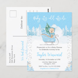 Winter Bear Blue Sleigh Baby Dusche Postkarte