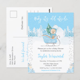 Winter Bear Blue Sleigh Baby Dusche Postkarte
