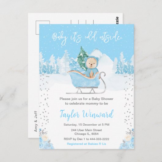 Winter Bear Blue Sleigh Baby Dusche Postkarte (Vorne/Hinten)