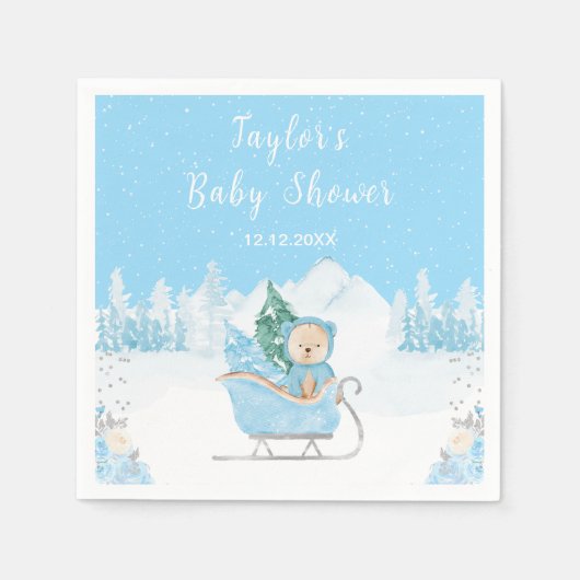 Winter Bear Blue Sleigh Baby Dusche Serviette (Vorderseite)