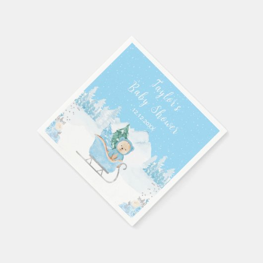 Winter Bear Blue Sleigh Baby Dusche Serviette (Ecke)