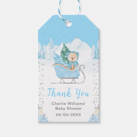 Winter Bear Blue Sleigh Baby Dusche Vielen Dank Geschenkanhänger (Vorderseite)