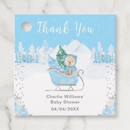 Winter Bear Blue Sleigh Baby Dusche Vielen Dank Geschenkanhänger (Vorderseite)