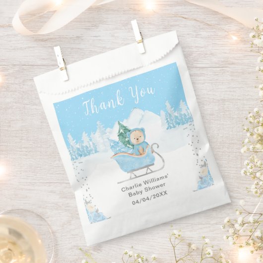 Winter Bear Blue Sleigh Baby Dusche Vielen Dank Geschenktütchen (Ausgeschnitten)