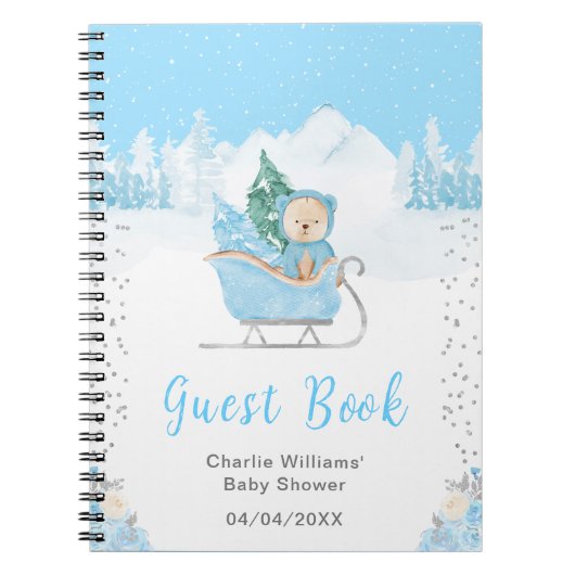 Winter Bear Blue Sleigh Baby Showroom Gästebuch Notizblock (Vorderseite)