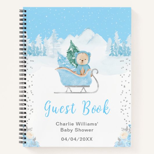Winter Bear Blue Sleigh Baby Showroom Gästebuch Notizblock (Vorderseite)