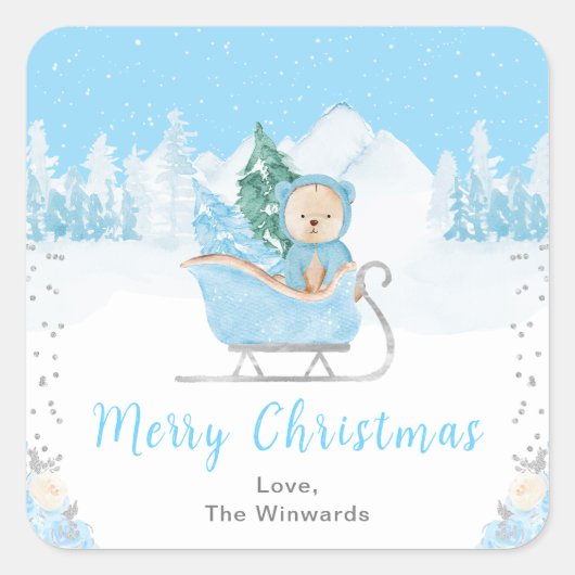 Winter Bear Blue Sleigh Frohe Weihnachten Quadratischer Aufkleber (Vorderseite)