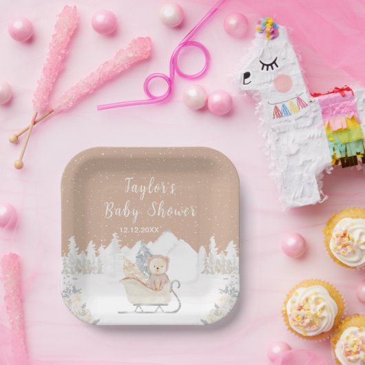 Winter Bear Brown Sleigh Baby Dusche Pappteller (Party)