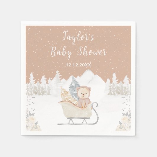 Winter Bear Brown Sleigh Baby Dusche Serviette (Vorderseite)