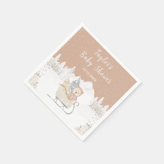 Winter Bear Brown Sleigh Baby Dusche Serviette (Ecke)