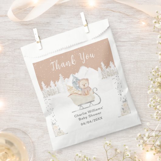 Winter Bear Brown Sleigh Baby Dusche Vielen Dank Geschenktütchen (Ausgeschnitten)