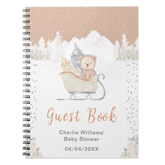 Winter Bear Brown Sleigh Baby Shooting Guest Book Notizblock (Vorderseite)