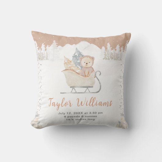 Winter Bear Brown Sleigh Geburtenstatistik Kissen (Vorderseite)