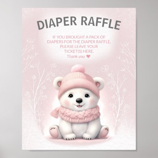 Winter Bear Pink Baby Dusche Windeln Raffle Schild (Vorne)