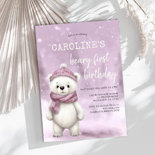 Winter Bear Pink Baby Girl Erster Geburtstag Einladung