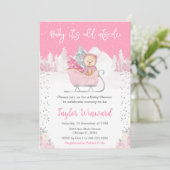 Winter Bear Pink Sleigh Baby Dusche Einladung (Stehend Vorderseite)