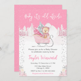 Winter Bear Pink Sleigh Baby Dusche Einladung