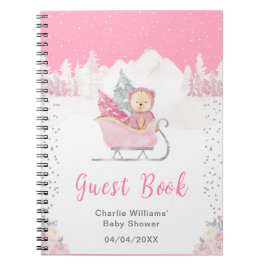 Winter Bear Pink Sleigh Baby Dusche Gästebuch Notizblock