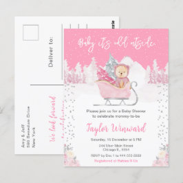 Winter Bear Pink Sleigh Baby Dusche Postkarte