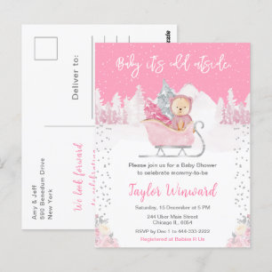 Winter Bear Pink Sleigh Baby Dusche Postkarte