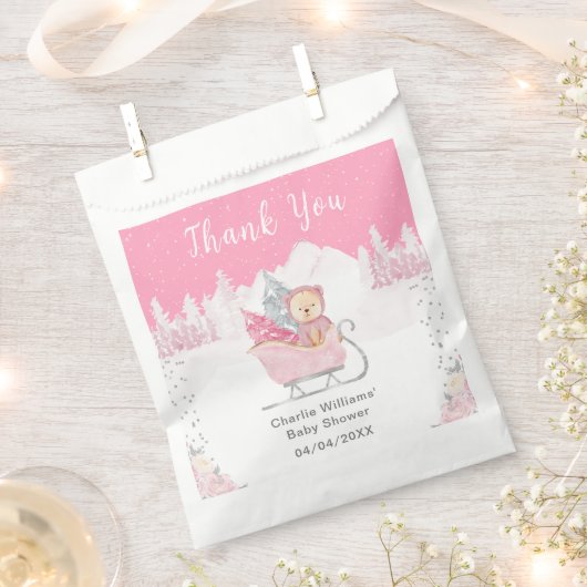 Winter Bear Pink Sleigh Baby Dusche Vielen Dank Geschenktütchen (Ausgeschnitten)