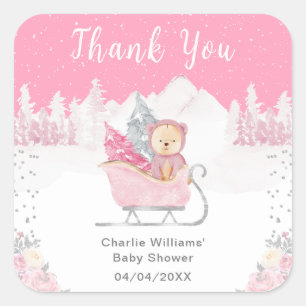 Winter Bear Pink Sleigh Baby Dusche Vielen Dank Quadratischer Aufkleber