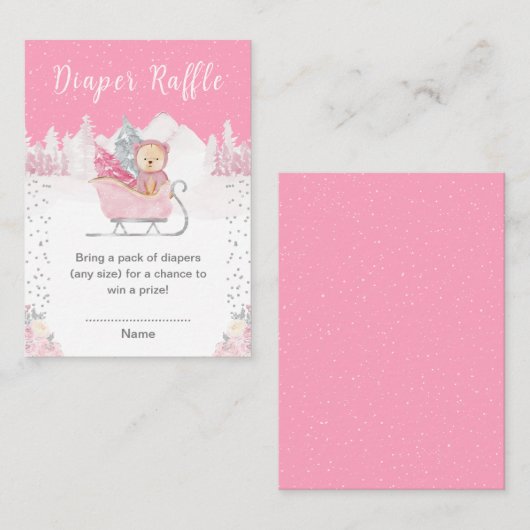 Winter Bear Pink Sleigh Diaper Raffle Begleitkarte (Vorne/Hinten)