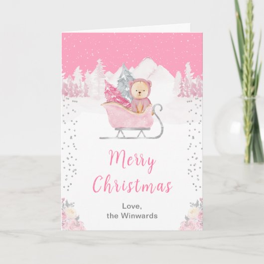 Winter Bear Pink Sleigh Frohe Weihnachten (Vorderseite)