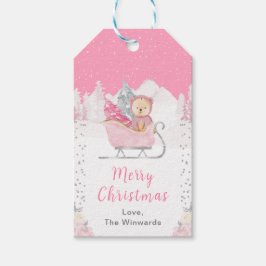 Winter Bear Pink Sleigh Frohe Weihnachten Geschenkanhänger