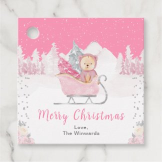 Winter Bear Pink Sleigh Frohe Weihnachten Geschenkanhänger