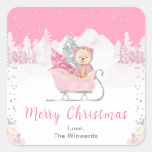 Winter Bear Pink Sleigh Frohe Weihnachten Quadratischer Aufkleber