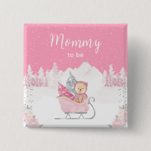 Winter Bear Pink Sleigh Mommy zu sein Button (Vorderseite)