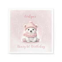 Winter Beary 1. Geburtstag Pink Polar Bear Napkins