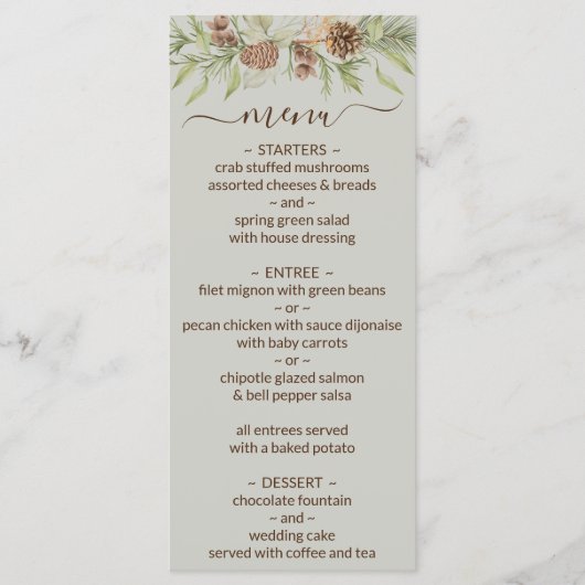 Winter-Beige-Elegant-Script-Hochzeitsmenü Menükarte (Vorderseite)