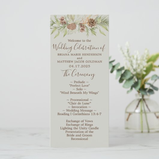Winter Beige Elegante Script Wedding Programm (Stehend Vorderseite)