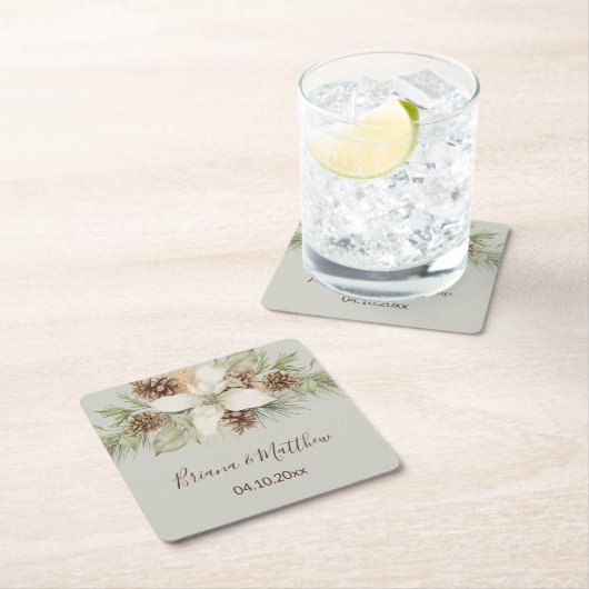 Winter Beige Elegante Script Wedding Rechteckiger Pappuntersetzer (Vor Ort)